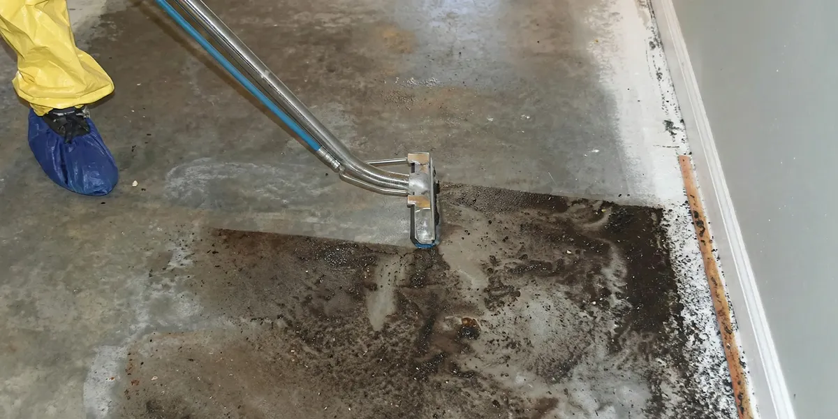 sewage removal technicians extracting contaminated wastewater from a residential floor in Orange, CA